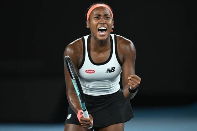 TENNIS AUSTRALIAN OPEN, Coco Gauff of the U.S. celebrates during her match against Emma Raducanu of Great Britain during the 2023 Australian Open tennis tournament at Melbourne Park in Melbourne, Wednesday, January 18, 2023. ( NO ARCHIVING, EDITORIAL USE ONLY, NO USE IN BOOKS WITHOUT CONSENT MELBOURNE VICTORIA AUSTRALIA  Copyright: xJAMESxROSSx 20230118001753829036