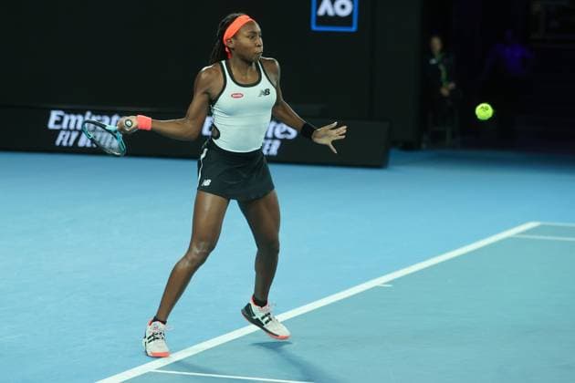 Coco Gauff of USA in action during round 2 match between Coco Gauff of USA and Emma Raducanu of United Kingdom Day 3 at the Australian Open Tennis 2023 at Rod Laver Arena, Melbourne, Australia on 18 January 2023. Copyright: xPeterxDovganx 34780809