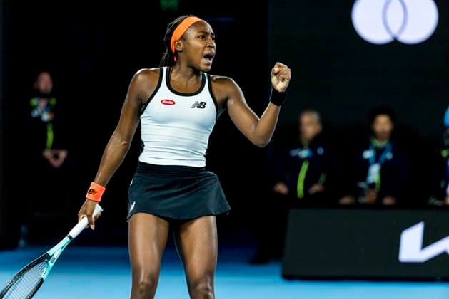 MELBOURNE, VIC - JANUARY 18: Coco Gauff of the United States of America celebrates during Round 2 of the 2023 Australian Open on January 18 2023, at Melbourne Park in Melbourne, Australia. (Photo by Jason Heidrich Icon Sportswire) TENNIS: JAN 18 Australian Open Icon220118183