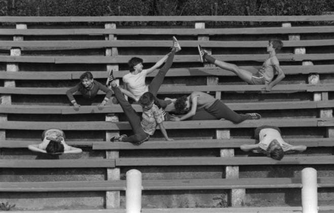 Soviet National Youth Ice Dance Team 6691451 12.09.1982 Crimean Region, Ukrainian SSR. Members of the Soviet National Youth Ice Dance Team during a training session at the stadium stands. Vitaliy Arutjunov Republic of Crimea Russia  Copyright: xVitaliyxArutjunovx