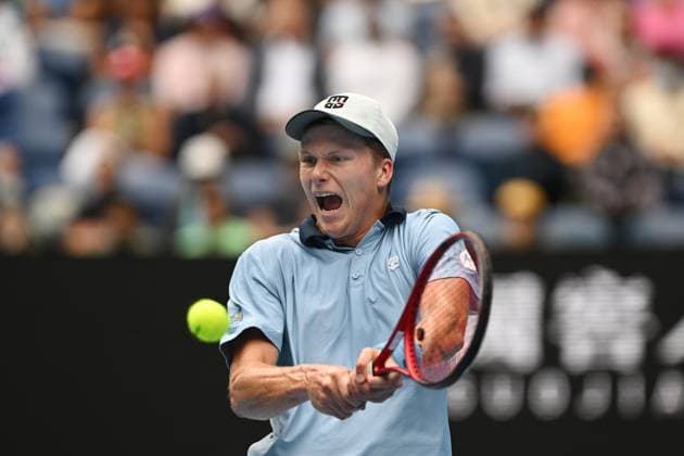 TENNIS AUSTRALIAN OPEN, Jenson Brooksby of the USA in action against Casper Ruud of Norway during the 2023 Australian Open tennis tournament at Melbourne Park in Melbourne, Thursday, January 19, 2023. ( NO ARCHIVING, EDITORIAL USE ONLY, NO USE IN BOOKS WITHOUT CONSENT MELBOURNE VICTORIA AUSTRALIA  Copyright: xLUKASxCOCHx 20230119001754137295