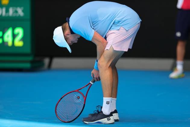 Jenson Brooksby of USA exhausted during round 2 match between Casper Ruud of Norway and Jenson Brooksby of USA Day 4 at the Australian Open Tennis 2023 at Rod Laver Arena, Melbourne, Australia on 19 January 2023. Copyright: xPeterxDovganx 34780957