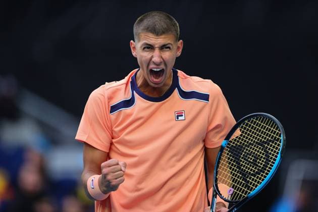 Alexei Popyrin of Australia reacts during round 2 match as he defeats Taylor Fritz of USA 6-7 7-6 6-4 6-7 6-2 on Day 4 at the Australian Open Tennis 2023 at John Cain Arena, Melbourne, Australia on 19 January 2023. Copyright: xPeterxDovganx 34780974
