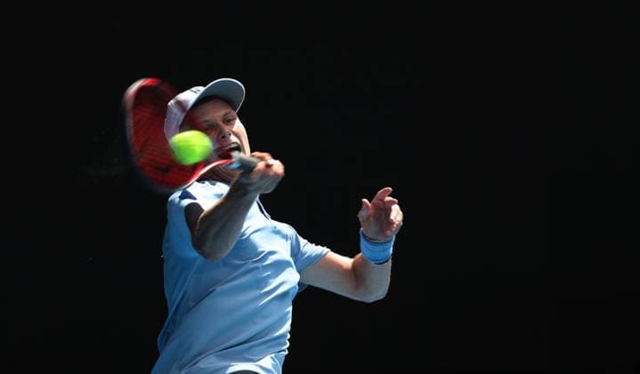 (230119) -- MELBOURNE, Jan. 19, 2023 -- Jenson Brooksby of the United States competes during the men s singles second round match against Casper Ruud of Norway at Australian Open tennis tournament in Melbourne, Australia, on Jan. 19, 2023. ) (SP)AUSTRALIA-MELBOURNE-TENNIS-AUSTRALIAN OPEN-DAY 4 BaixXuefei 