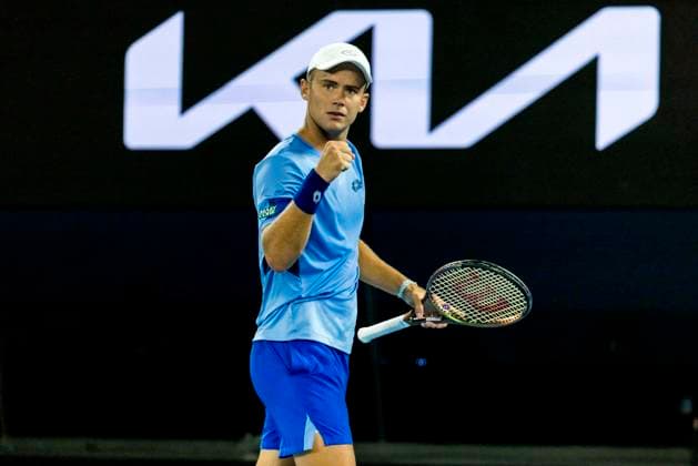 MELBOURNE, VIC - JANUARY 19: Enzo Couacaud of France celebrates during Round 2 of the 2023 Australian Open on January 19 2023, at Melbourne Park in Melbourne, Australia. (Photo by Jason Heidrich Icon Sportswire) TENNIS: JAN 19 Australian Open Icon220119218