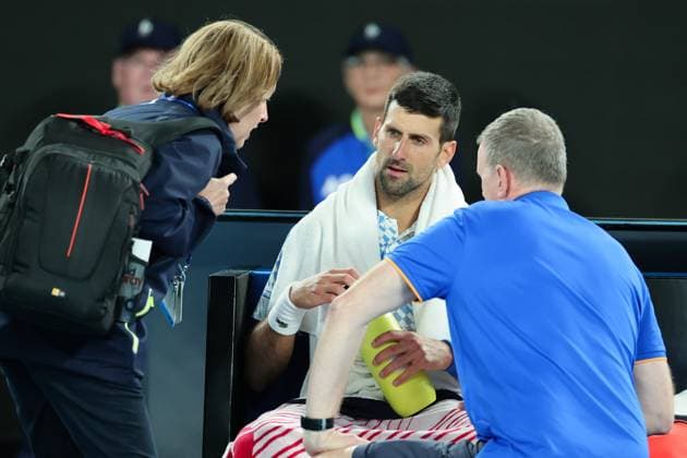 Novak Djokovic of Serbia takes medical time out during round 2 match between Novak Djokovic of Serbia and Enzo Couacaud of France Day 4 at the Australian Open Tennis 2023 at Rod Laver Arena, Melbourne, Australia on 19 January 2023. Copyright: xPeterxDovganx 34781036