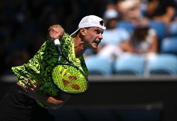 TENNIS AUSTRALIAN OPEN, Marton Fucsovics of Hungary serves during his third round match against Jannik Sinner of Italy at the 2023 Australian Open tennis tournament at Melbourne Park in Melbourne, Friday, January 20, 2023. ( NO ARCHIVING, EDITORIAL USE ONLY, NO USE IN BOOKS WITHOUT CONSENT MELBOURNE VICTORIA AUSTRALIA  Copyright: xLUKASxCOCHx 20230120001754564160