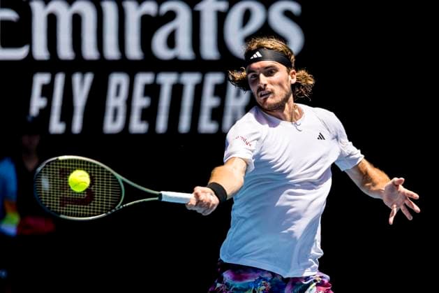 MELBOURNE, VIC - JANUARY 20: Stefanos Tsitsipas of Greece in action during Round 3 of the 2023 Australian Open on January 20 2023, at Melbourne Park in Melbourne, Australia. (Photo by Jason Heidrich Icon Sportswire) TENNIS: JAN 20 Australian Open Icon230120046