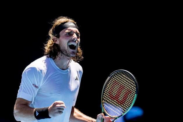 MELBOURNE, VIC - JANUARY 20: Stefanos Tsitsipas of Greece celebrates during Round 3 of the 2023 Australian Open on January 20 2023, at Melbourne Park in Melbourne, Australia. (Photo by Jason Heidrich Icon Sportswire) TENNIS: JAN 20 Australian Open Icon230120053