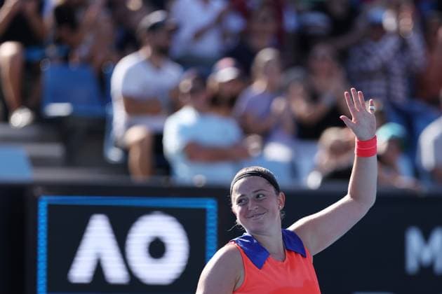 TENNIS AUSTRALIAN OPEN, Jelena Ostapenko of Latvia celebrates match point during her match agaisnt Kateryna Baindl of Ukraine during the 2023 Australian Open tennis tournament at Melbourne Park in Melbourne, Friday, January 20, 2023. ( NO ARCHIVING, EDITORIAL USE ONLY, NO USE IN BOOKS WITHOUT CONSENT MELBOURNE VICTORIA AUSTRALIA  Copyright: xDIEGOxFEDELEx 20230120001754629858