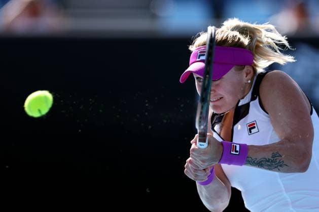 TENNIS AUSTRALIAN OPEN, Kateryna Baindl of Ukraine in action during her match agaisnt Jelena Ostapenko of Latvia during the 2023 Australian Open tennis tournament at Melbourne Park in Melbourne, Friday, January 20, 2023. ( NO ARCHIVING, EDITORIAL USE ONLY, NO USE IN BOOKS WITHOUT CONSENT MELBOURNE VICTORIA AUSTRALIA  Copyright: xDIEGOxFEDELEx 20230120001754630101