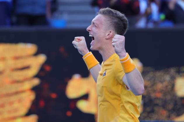 Jiri Lehecka of Czech Republic celebrates defeating Cameron Norrie of United Kingdom 6-7 6-3 3-6 6-1 6-4 during round 3 match between Cameron Norrie of United Kingdom and Jiri Lehecka of Czech Republic Day 5 at the Australian Open Tennis 2023 at KIA Arena, Melbourne, Australia on 20 January 2023. Copyright: xPeterxDovganx 34781272