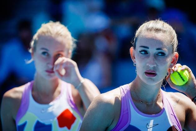 Russian Anastasia Potapova WTA, Tennis Damen 41) and Russian Yana Sizikova (WTA 49) pictured during a women s doubles first round game between Belgian-German pair Flipkens-Siegemund and Russian pair Potapova-Sizikova at the Australian Open tennis Grand Slam, Friday 20 January 2023 in Melbourne Park, Melbourne, Australia. PATRICKxHAMILTON  x58561355x
