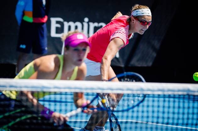 Belgian Kirsten Flipkens WTA, Tennis Damen 258) and German Laura Siegemund (WTA 24) pictured in action during a women s doubles first round game between Belgian-German pair Flipkens-Siegemund and Russian pair Potapova-Sizikova at the Australian Open tennis Grand Slam, Friday 20 January 2023 in Melbourne Park, Melbourne, Australia. PATRICKxHAMILTON  x58561385x