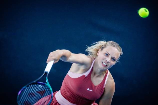 Belgian Kimberley Zimmermann pictured in action during a mixed doubles first round game between Belgian-German pair Zimmerman-Puetz and Australian pair Cabrera-Smith at the Australian Open tennis Grand Slam, Friday 20 January 2023 in Melbourne Park, Melbourne, Australia. PATRICKxHAMILTON  x58562403x