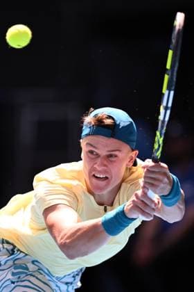 TENNIS AUSTRALIAN OPEN, Holger Rune of Switzerland in action during his match against Ugo Humbert of France during the 2023 Australian Open tennis tournament at Melbourne Park in Melbourne, Wednesday, May 1, 2019. ( NO ARCHIVING, EDITORIAL USE ONLY, NO USE IN BOOKS WITHOUT CONSENT MELBOURNE VICTORIA AUSTRALIA  Copyright: xJAMESxROSSx 20230121001754982671
