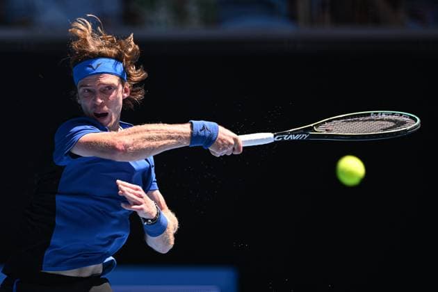 Mandatory Credit: Photo by James Gourley Shutterstock (13728737be) Andrey Rublev in action during his third round match Australian Open, Day Six, Tennis, Melbourne Park, Melbourne, Australia - 21 Jan 2023 Australian Open, Day Six, Tennis, Melbourne Park, Melbourne, Australia - 21 Jan 2023  Copyright: xJamesxGourley Shutterstockx 13728737be