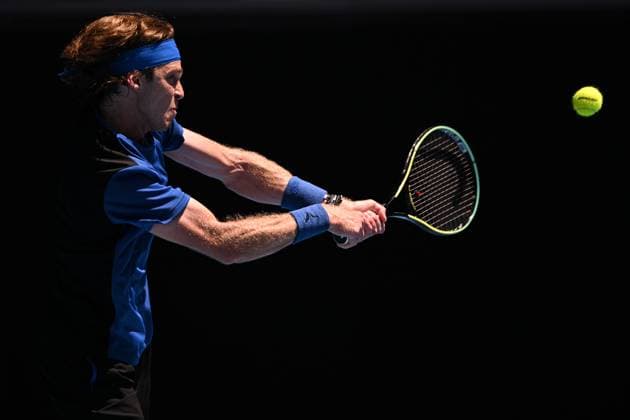 Mandatory Credit: Photo by James Gourley Shutterstock (13728737bf) Andrey Rublev in action during his third round match Australian Open, Day Six, Tennis, Melbourne Park, Melbourne, Australia - 21 Jan 2023 Australian Open, Day Six, Tennis, Melbourne Park, Melbourne, Australia - 21 Jan 2023  Copyright: xJamesxGourley Shutterstockx 13728737bf
