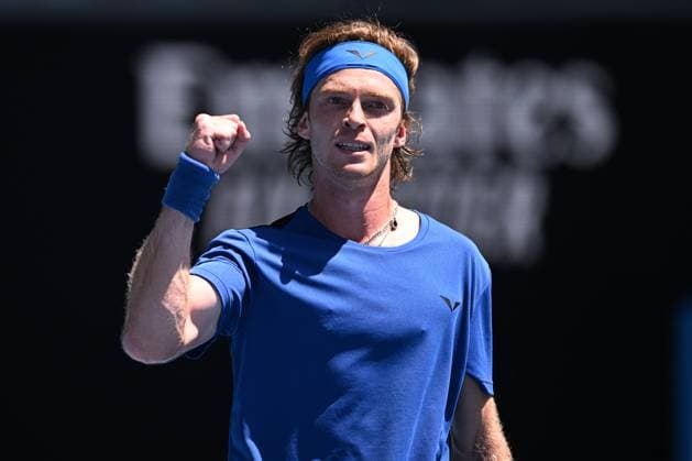 Mandatory Credit: Photo by James Gourley Shutterstock (13728737bx) Andrey Rublev celebrates victory after winning his third round match Australian Open, Day Six, Tennis, Melbourne Park, Melbourne, Australia - 21 Jan 2023 Australian Open, Day Six, Tennis, Melbourne Park, Melbourne, Australia - 21 Jan 2023 Copyright: xJamesxGourley Shutterstockx 13728737bx