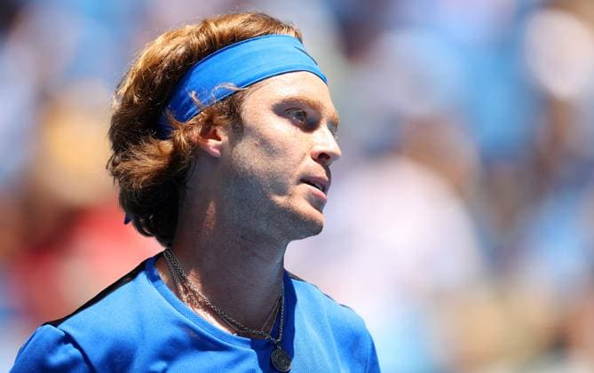 Mandatory Credit: Photo by Ella Ling Shutterstock (13728748at) Andrey Rublev of Russia reacts Australian Open, Day Six, Tennis, Melbourne Park, Melbourne, Australia - 21 Jan 2023 Australian Open, Day Six, Tennis, Melbourne Park, Melbourne, Australia - 21 Jan 2023 Copyright: xEllaxLing Shutterstockx 13728748at