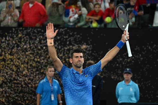 TENNIS AUSTRALIAN OPEN, Novak Djokovic of Serbia reacts after defeating Grigor Dimitrov of Bulgaria during their men s singles match 2023 Australian Open tennis tournament at Melbourne Park in Melbourne, Saturday, January 23, 2023. ( NO ARCHIVING, EDITORIAL USE ONLY, NO USE IN BOOKS WITHOUT CONSENT MELBOURNE VICTORIA AUSTRALIA  Copyright: xLUKASxCOCHx 20230121001755054896
