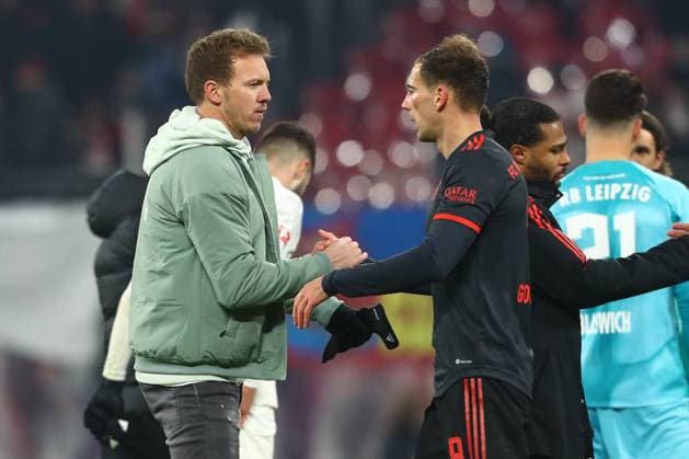 20.01.2023, xtgx, Fussball 1. Bundesliga, RB Leipzig - FC Bayern Muenchen emspor, v.l. Julian Nagelsmann (Bayern Muenchen, Trainer), Leon Goretzka (Bayern Muenchen, 8) (DFL DFB REGULATIONS PROHIBIT ANY USE OF PHOTOGRAPHS as IMAGE SEQUENCES and or QUASI-VIDEO) Leipzig
