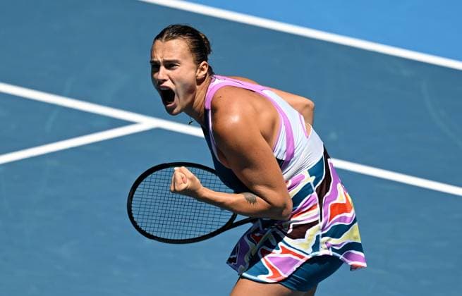 TENNIS AUSTRALIAN OPEN, Aryna Sabalenka of Belarus celebrates her win against Belinda Bencic of Switzerland during their fourth round match at 2023 Australian Open tennis championship at Melbourne Park in Melbourne, Monday, January 23, 2023. ( NO ARCHIVING, EDITORIAL USE ONLY, NO USE IN BOOKS WITHOUT CONSENT MELBOURNE VICTORIA AUSTRALIA  Copyright: xLUKASxCOCHx 20230123001755744933