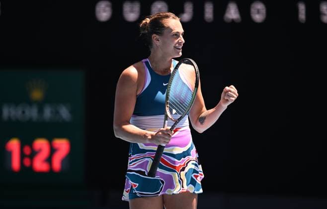 TENNIS AUSTRALIAN OPEN, Aryna Sabalenka of Belarus celebrates her win against Belinda Bencic of Switzerland during their fourth round match at 2023 Australian Open tennis championship at Melbourne Park in Melbourne, Monday, January 23, 2023. ( NO ARCHIVING, EDITORIAL USE ONLY, NO USE IN BOOKS WITHOUT CONSENT MELBOURNE VICTORIA AUSTRALIA  Copyright: xJAMESxROSSx 20230123001755750620