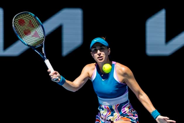 MELBOURNE, VIC - JANUARY 23: Belinda Bencic of Switzerland in action during Round 4 of the 2023 Australian Open on January 23 2023, at Melbourne Park in Melbourne, Australia. (Photo by Jason Heidrich Icon Sportswire) TENNIS: JAN 23 Australian Open Icon230123045