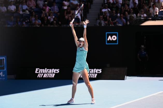 Mandatory Credit: Photo by James Gourley Shutterstock (13729780eb) Magda Linette celebrates victory after winning her fourth round match Australian Open, Day Eight, Tennis, Melbourne Park, Melbourne, Australia - 23 Jan 2023 Australian Open, Day Eight, Tennis, Melbourne Park, Melbourne, Australia - 23 Jan 2023 Copyright: xJamesxGourley Shutterstockx 13729780eb
