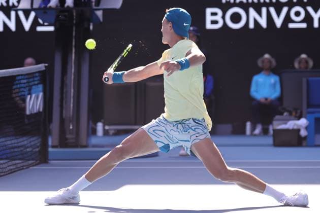 Holger Rune of Denmark in action against Andrey Rublev, Day 8 at the Australian Open Tennis 2023 at Rod Laver Arena, Melbourne, Australia on 23 January 2023. Copyright: xPeterxDovganx 34781834