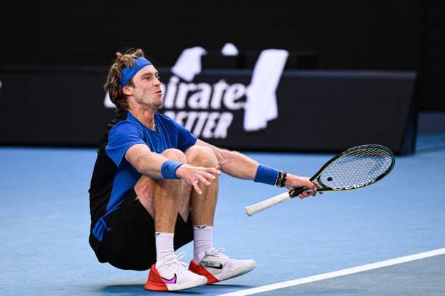Mandatory Credit: Photo by James Gourley Shutterstock (13729780fr) Andrey Rublev celebrates victory after winning his fourth round match Australian Open, Day Eight, Tennis, Melbourne Park, Melbourne, Australia - 23 Jan 2023 Australian Open, Day Eight, Tennis, Melbourne Park, Melbourne, Australia - 23 Jan 2023 Copyright: xJamesxGourley Shutterstockx 13729780fr