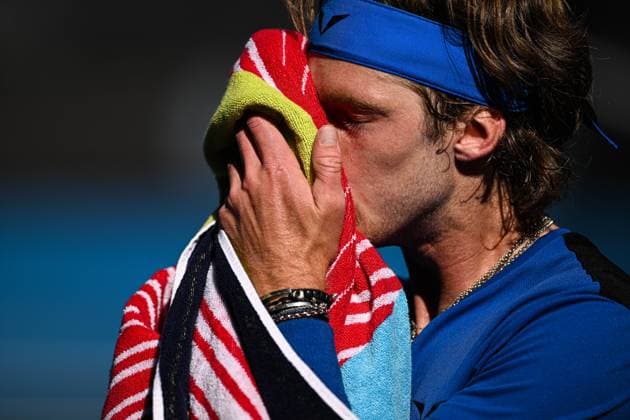 Mandatory Credit: Photo by James Gourley Shutterstock (13729780ff) Andrey Rublev reacts during his fourth round match Australian Open, Day Eight, Tennis, Melbourne Park, Melbourne, Australia - 23 Jan 2023 Australian Open, Day Eight, Tennis, Melbourne Park, Melbourne, Australia - 23 Jan 2023 Copyright: xJamesxGourley Shutterstockx 13729780ff