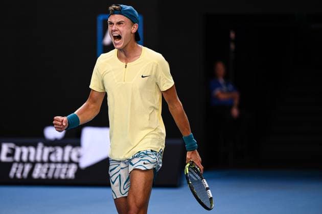 Mandatory Credit: Photo by James Gourley Shutterstock (13729780hf) Holger Rune celebrates during his fourth round match Australian Open, Day Eight, Tennis, Melbourne Park, Melbourne, Australia - 23 Jan 2023 Australian Open, Day Eight, Tennis, Melbourne Park, Melbourne, Australia - 23 Jan 2023 Copyright: xJamesxGourley Shutterstockx 13729780hf
