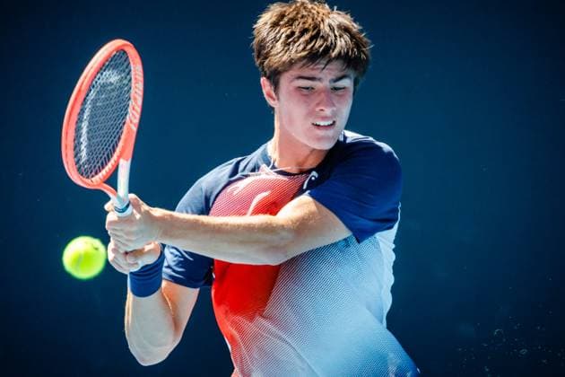 Atakan Karahan ATP, Tennis Herren 1643) pictured during a junior boys singles second round match between Belgian Blockx and Turkish Karahan at the Australian Open tennis Grand Slam, Monday 23 January 2023 in Melbourne Park, Melbourne, Australia. PATRICKxHAMILTON  x58662910x
