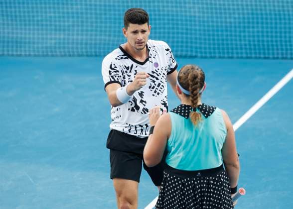 Jelena Ostapenko David Vega Hernandez, Mixed Doubles, Australian Open 2023, Melbourne Park, Melbourne, Victoria, Australia. Copyright: xJuergenxHasenkopfx
