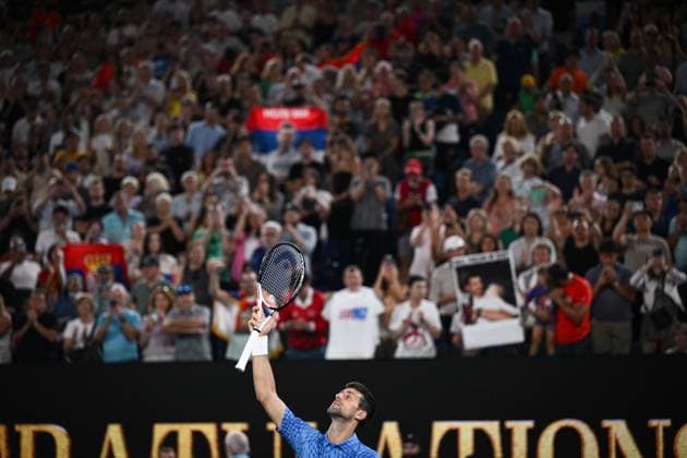 Mandatory Credit: Photo by James Gourley Shutterstock (13729780hw) Novak Djokovic celebrates victory after winning his fourth round match Australian Open, Day Eight, Tennis, Melbourne Park, Melbourne, Australia - 23 Jan 2023 Australian Open, Day Eight, Tennis, Melbourne Park, Melbourne, Australia - 23 Jan 2023 Copyright: xJamesxGourley Shutterstockx 13729780hw
