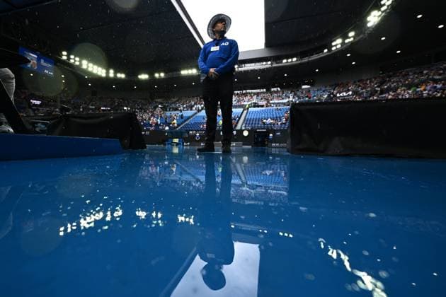 TENNIS AUSTRALIAN OPEN, A securty guard stands in the rain as play is delayed during the Quaterfinal match between Elena Rybakina of Kazakhstan and Jelena Ostapenko of Latvia at the 2023 Australian Open tennis tournament at Melbourne Park in Melbourne, Tuesday, January 24, 2023. ( NO ARCHIVING, EDITORIAL USE ONLY, NO USE IN BOOKS WITHOUT CONSENT MELBOURNE VICTORIA AUSTRALIA  Copyright: xJOELxCARRETTx 20230124001756020620