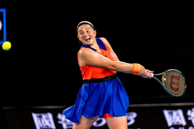 MELBOURNE, VIC - JANUARY 24: Jelena Ostapenko of Latvia in action during the Quarterfinals of the 2023 Australian Open on January 24 2023, at Melbourne Park in Melbourne, Australia. (Photo by Jason Heidrich Icon Sportswire) TENNIS: JAN 24 Australian Open Icon230124047