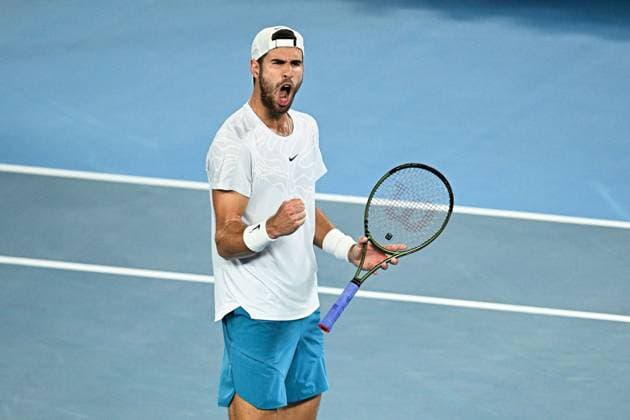 Mandatory Credit: Photo by James Gourley Shutterstock (13729783cc) Karen Khachanov celebrates during his Quarter Final Match Australian Open, Day Nine, Tennis, Melbourne Park, Melbourne, Australia - 24 Jan 2023 Australian Open, Day Nine, Tennis, Melbourne Park, Melbourne, Australia - 24 Jan 2023  Copyright: xJamesxGourley Shutterstockx 13729783cc