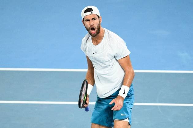 Mandatory Credit: Photo by James Gourley Shutterstock (13729783cd) Karen Khachanov celebrates during his Quarter Final Match Australian Open, Day Nine, Tennis, Melbourne Park, Melbourne, Australia - 24 Jan 2023 Australian Open, Day Nine, Tennis, Melbourne Park, Melbourne, Australia - 24 Jan 2023  Copyright: xJamesxGourley Shutterstockx 13729783cd