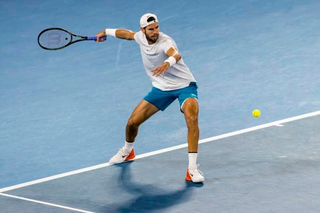 MELBOURNE, VIC - JANUARY 24: Karen Khachanov of Russia in action during the Quarterfinals of the 2023 Australian Open on January 24 2023, at Melbourne Park in Melbourne, Australia. (Photo by Jason Heidrich Icon Sportswire) TENNIS: JAN 24 Australian Open Icon230124055