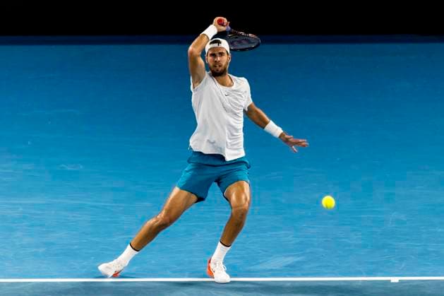 MELBOURNE, VIC - JANUARY 24: Karen Khachanov of Russia in action during the Quarterfinals of the 2023 Australian Open on January 24 2023, at Melbourne Park in Melbourne, Australia. (Photo by Jason Heidrich Icon Sportswire) TENNIS: JAN 24 Australian Open Icon230124070