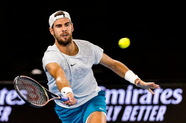 MELBOURNE, VIC - JANUARY 24: Karen Khachanov of Russia in action during the Quarterfinals of the 2023 Australian Open on January 24 2023, at Melbourne Park in Melbourne, Australia. (Photo by Jason Heidrich Icon Sportswire) TENNIS: JAN 24 Australian Open Icon230124074