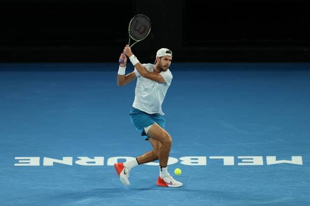 Karen Khachanov in action against Sebastian Korda of USA during the Quarter Final match, Day 9 at the Australian Open Tennis 2023 at Rod Laver Arena, Melbourne, Australia on 24 January 2023. Copyright: xPeterxDovganx 34781985