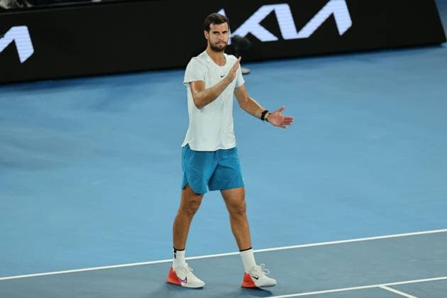 Karen Khachanov thanks the fans after Sebastian Korda of USA retired injured during the Quarter Final match, Day 9 at the Australian Open Tennis 2023 at Rod Laver Arena, Melbourne, Australia on 24 January 2023. Copyright: xPeterxDovganx 34781987