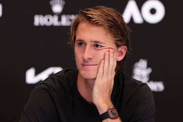 Sebastian Korda of USA interviewed in the media room after his Quarter Final injury retirement against Karen Khachanov, Day 9 at the Australian Open Tennis 2023 at Rod Laver Arena, Melbourne, Australia on 24 January 2023. Copyright: xPeterxDovganx 34782000