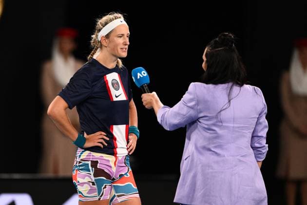 Mandatory Credit: Photo by James Gourley Shutterstock (13729783ch) Victoria Azarenka celebrates victory after winning her Quarter Final Match Australian Open, Day Nine, Tennis, Melbourne Park, Melbourne, Australia - 24 Jan 2023 Australian Open, Day Nine, Tennis, Melbourne Park, Melbourne, Australia - 24 Jan 2023 Copyright: xJamesxGourley Shutterstockx 13729783ch