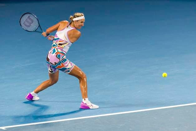 MELBOURNE, VIC - JANUARY 24: Victoria Azarenka of Belarus in action during the Quarterfinals of the 2023 Australian Open on January 24 2023, at Melbourne Park in Melbourne, Australia. (Photo by Jason Heidrich Icon Sportswire) TENNIS: JAN 24 Australian Open Icon230124108