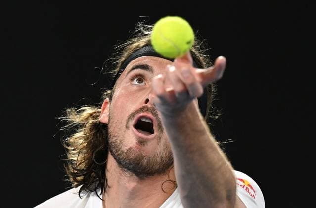 TENNIS AUSTRALIAN OPEN, Stefanos Tsitsipas of Greece prepares to serve to Jiri Lehecka of Czech Republic during their quarter final match at the 2023 Australian Open tennis championship at Melbourne Park in Melbourne, Tuesday, January 24, 2023. ( NO ARCHIVING, EDITORIAL USE ONLY, NO USE IN BOOKS WITHOUT CONSENT MELBOURNE VICTORIA AUSTRALIA  Copyright: xLUKASxCOCHx 20230124001756107012
